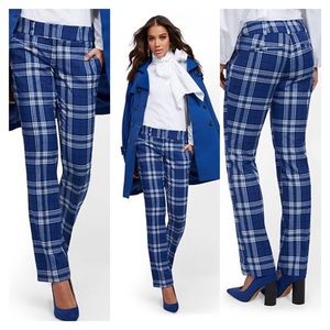White and blue plaid Dress Straight-Leg Pant